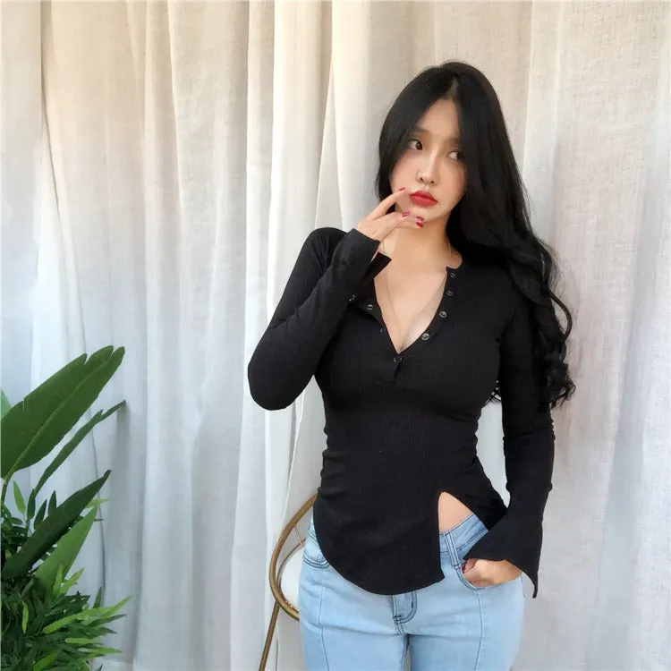 Spring Sexy Elastic Korean Style Slit Button Neck Long Sleeve