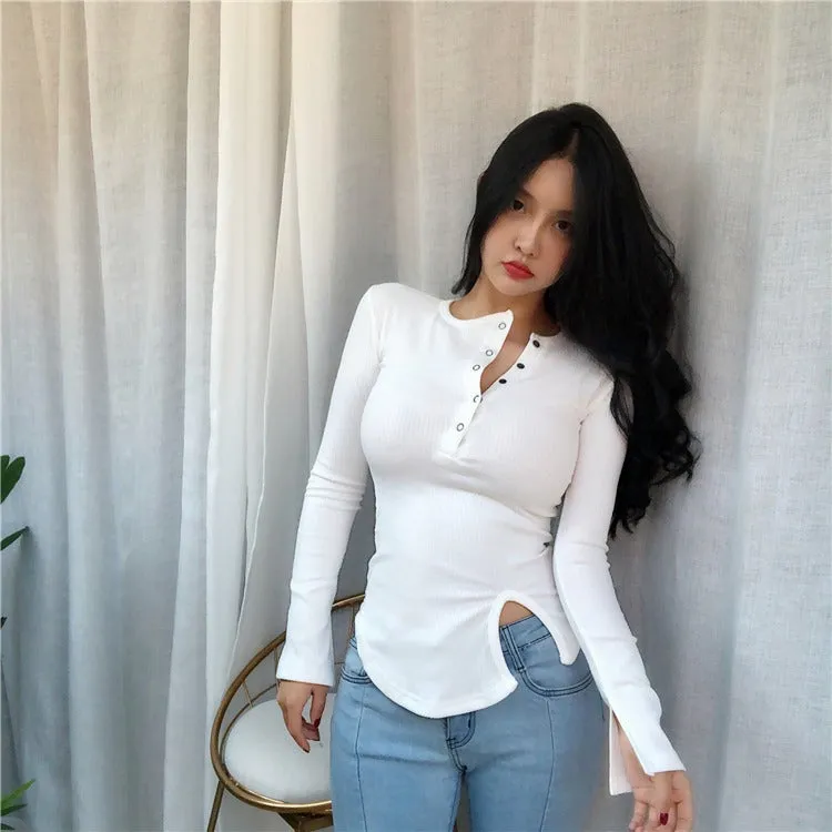 Spring Sexy Elastic Korean Style Slit Button Neck Long Sleeve