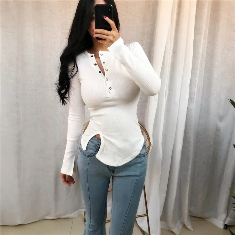 Spring Sexy Elastic Korean Style Slit Button Neck Long Sleeve