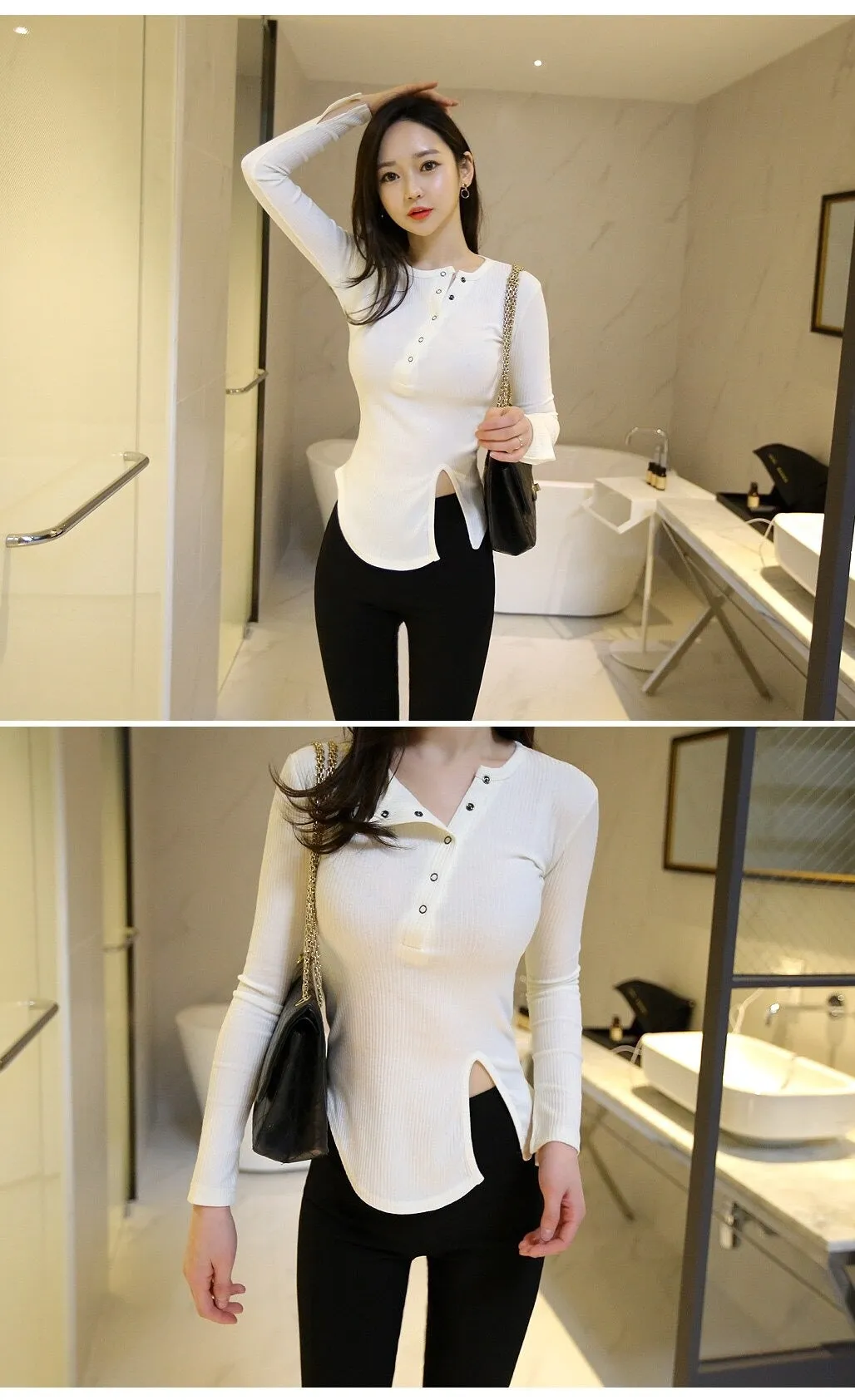 Spring Sexy Elastic Korean Style Slit Button Neck Long Sleeve