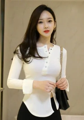 Spring Sexy Elastic Korean Style Slit Button Neck Long Sleeve