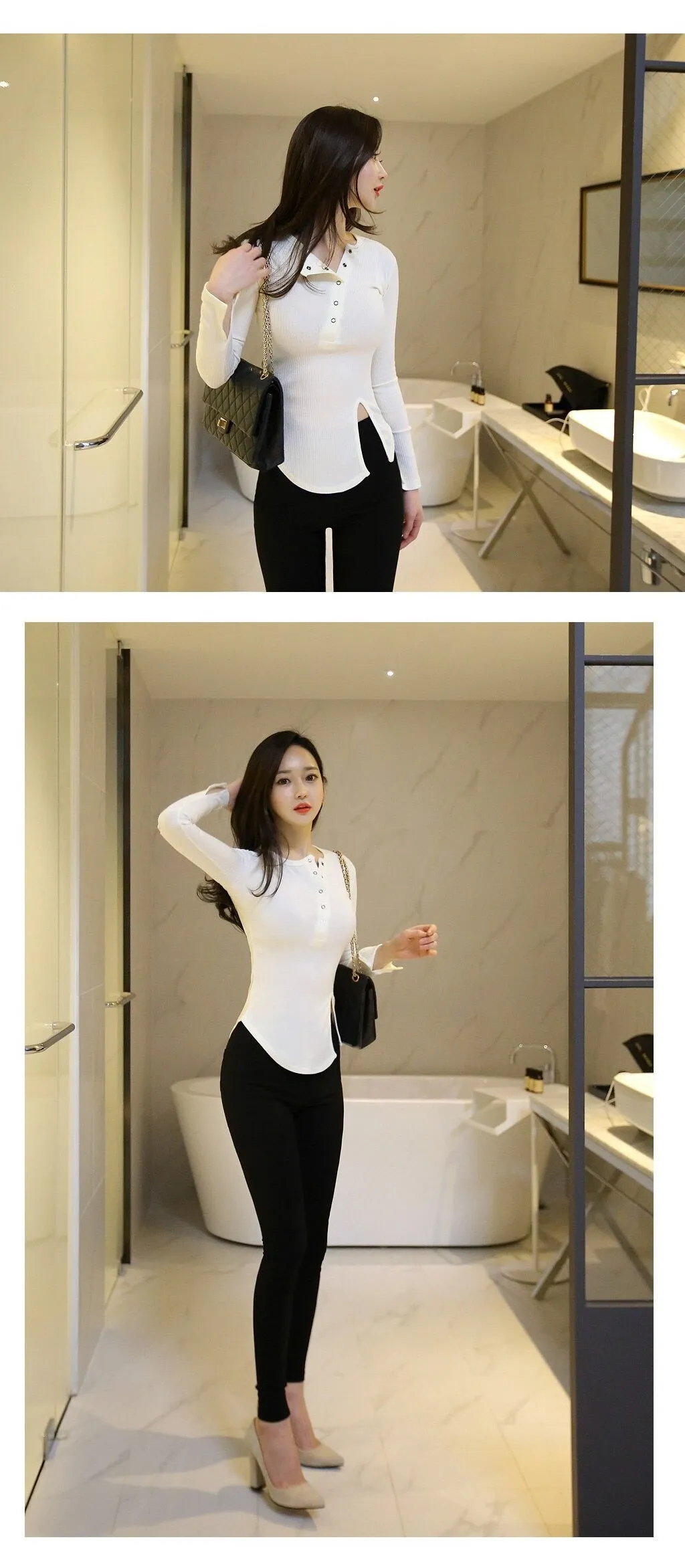 Spring Sexy Elastic Korean Style Slit Button Neck Long Sleeve