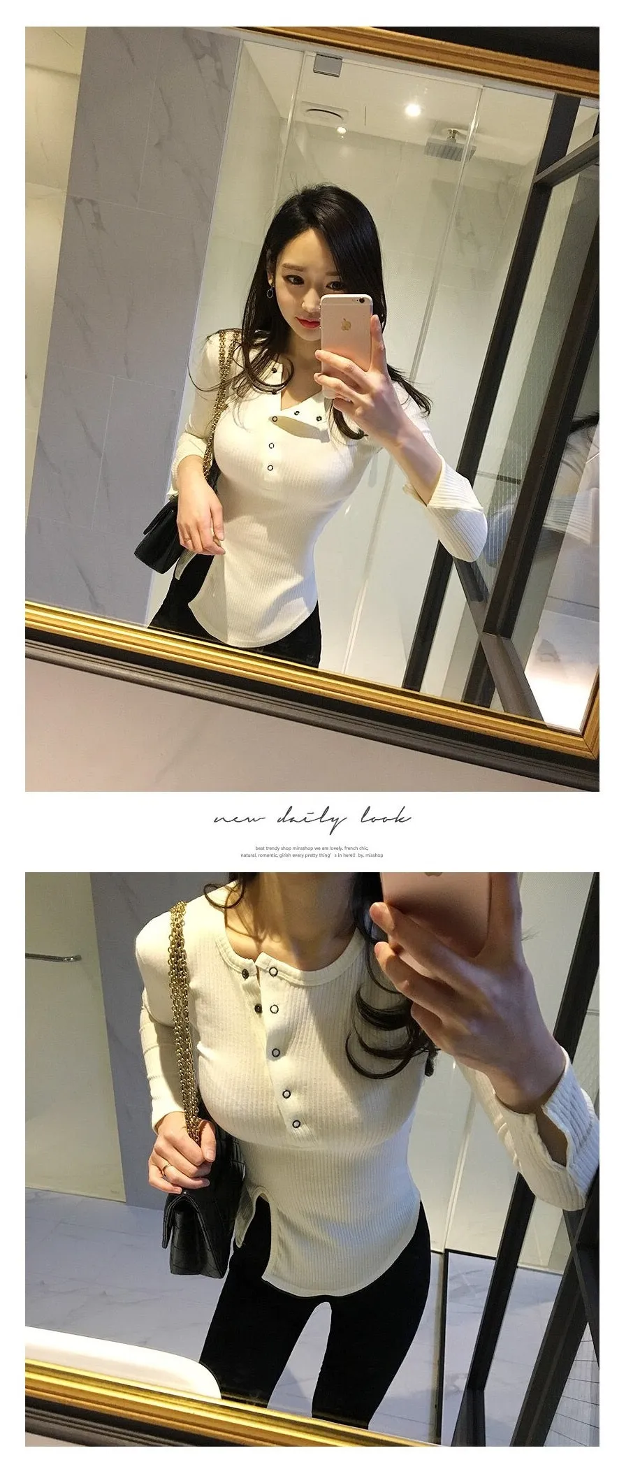 Spring Sexy Elastic Korean Style Slit Button Neck Long Sleeve