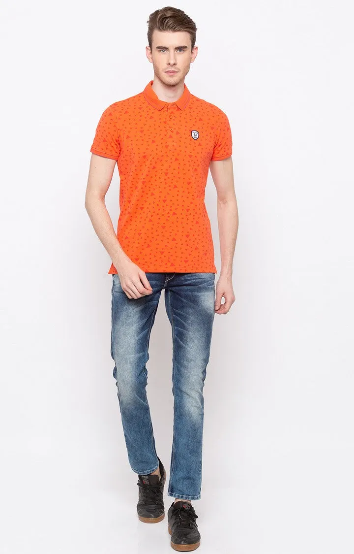 Spykar Coral Printed Slim Fit Polo T-Shirt