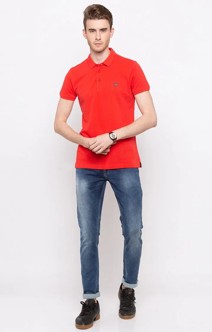 Spykar Coral Solid Slim Fit Polo T-Shirt