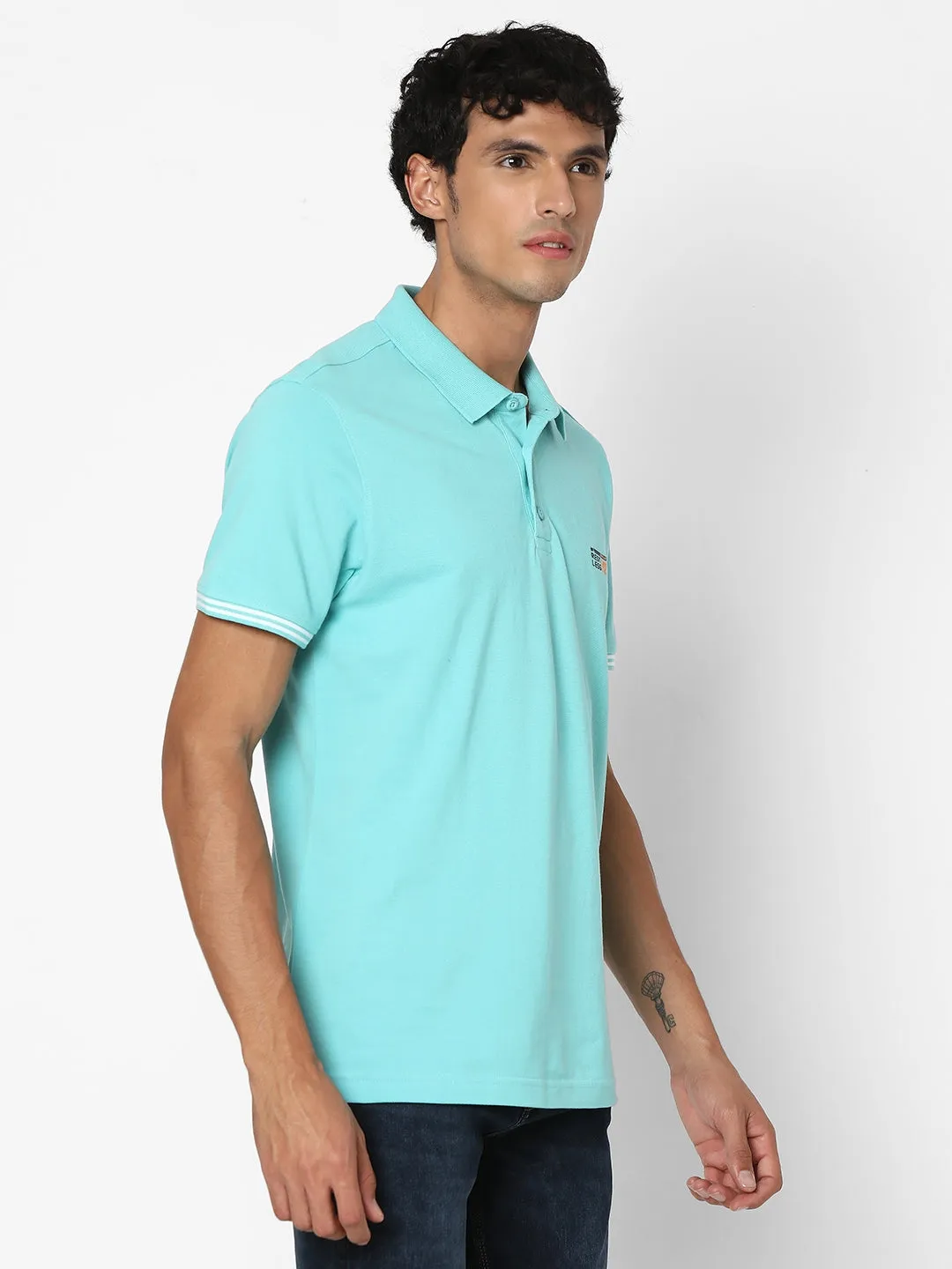 Spykar Men Cool Blue Regular Fit Half Sleeve Plain Polo Tshirt