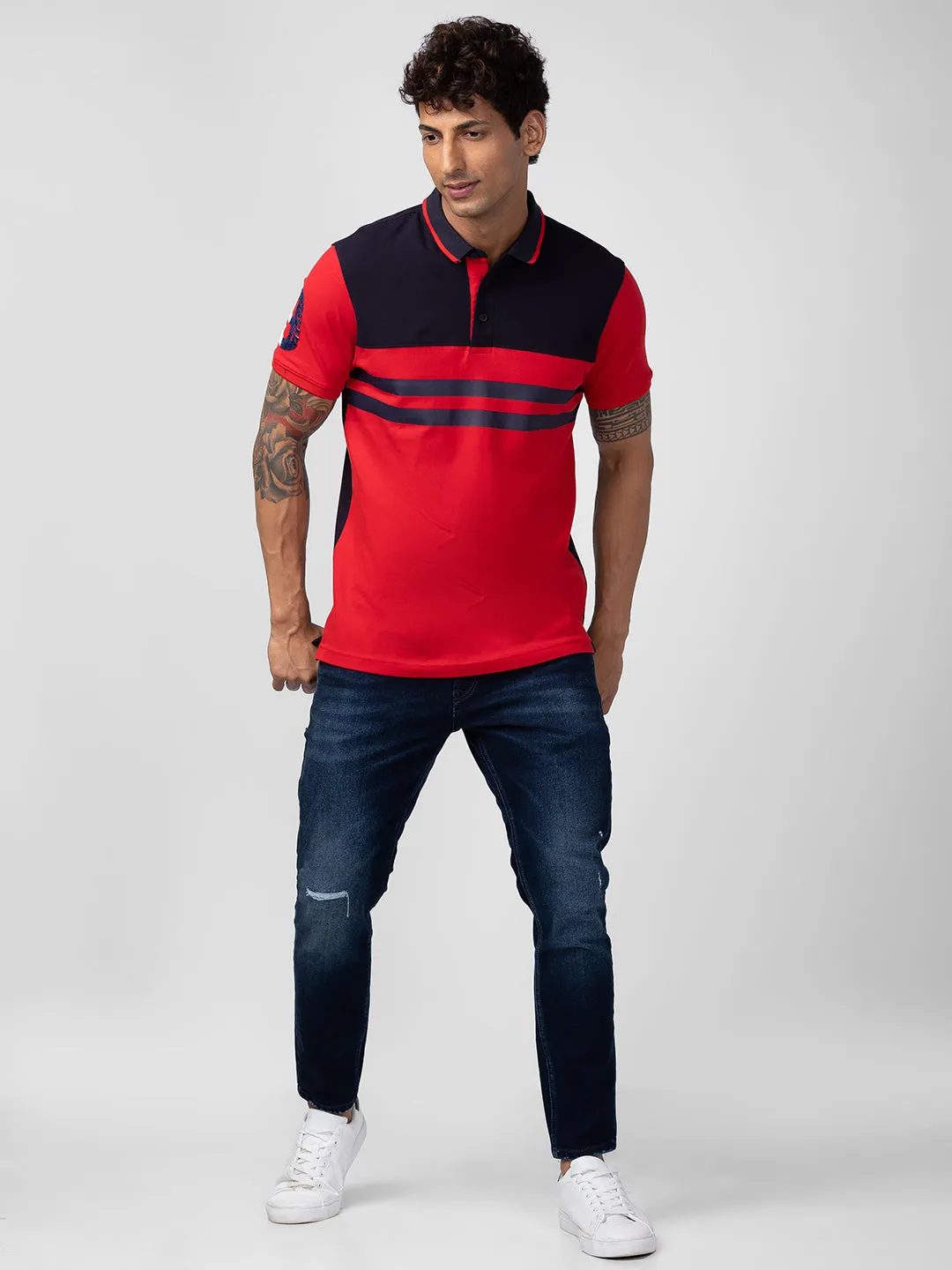 Spykar Men Deep Red Cotton Regular Fit Half Sleeve Printed Polo T-Shirt