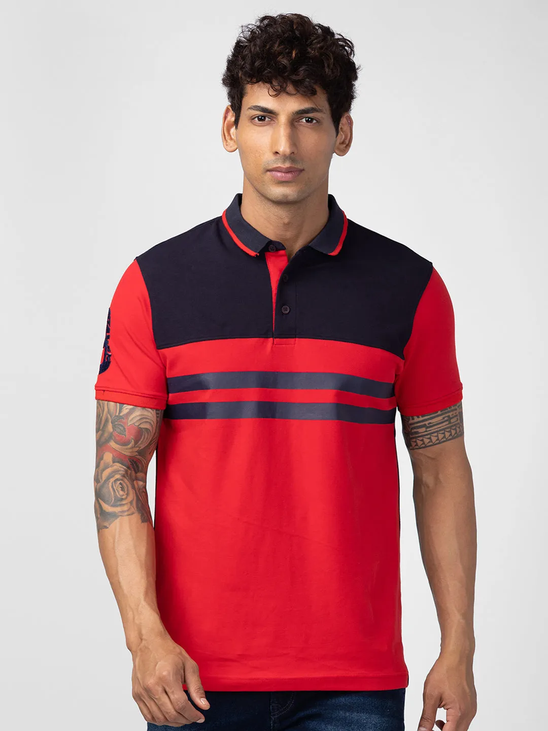 Spykar Men Deep Red Cotton Regular Fit Half Sleeve Printed Polo T-Shirt