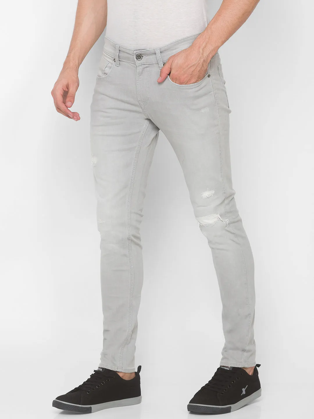 Spykar Men Grey Cotton Super Slim Fit Tapered Length Jeans (Super Skinny)