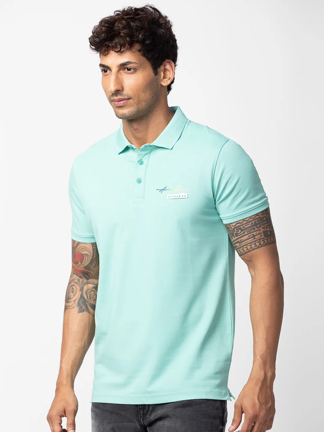 Spykar Men Ice Green Cotton Regular Fit Half Sleeve Plain Polo T-Shirt