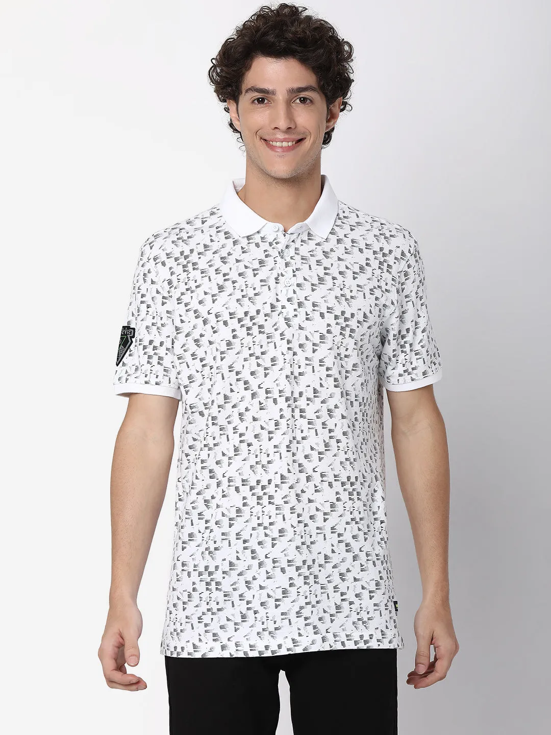 Spykar Men White Cotton Half Sleeve Printed Casual Polo Tshirt