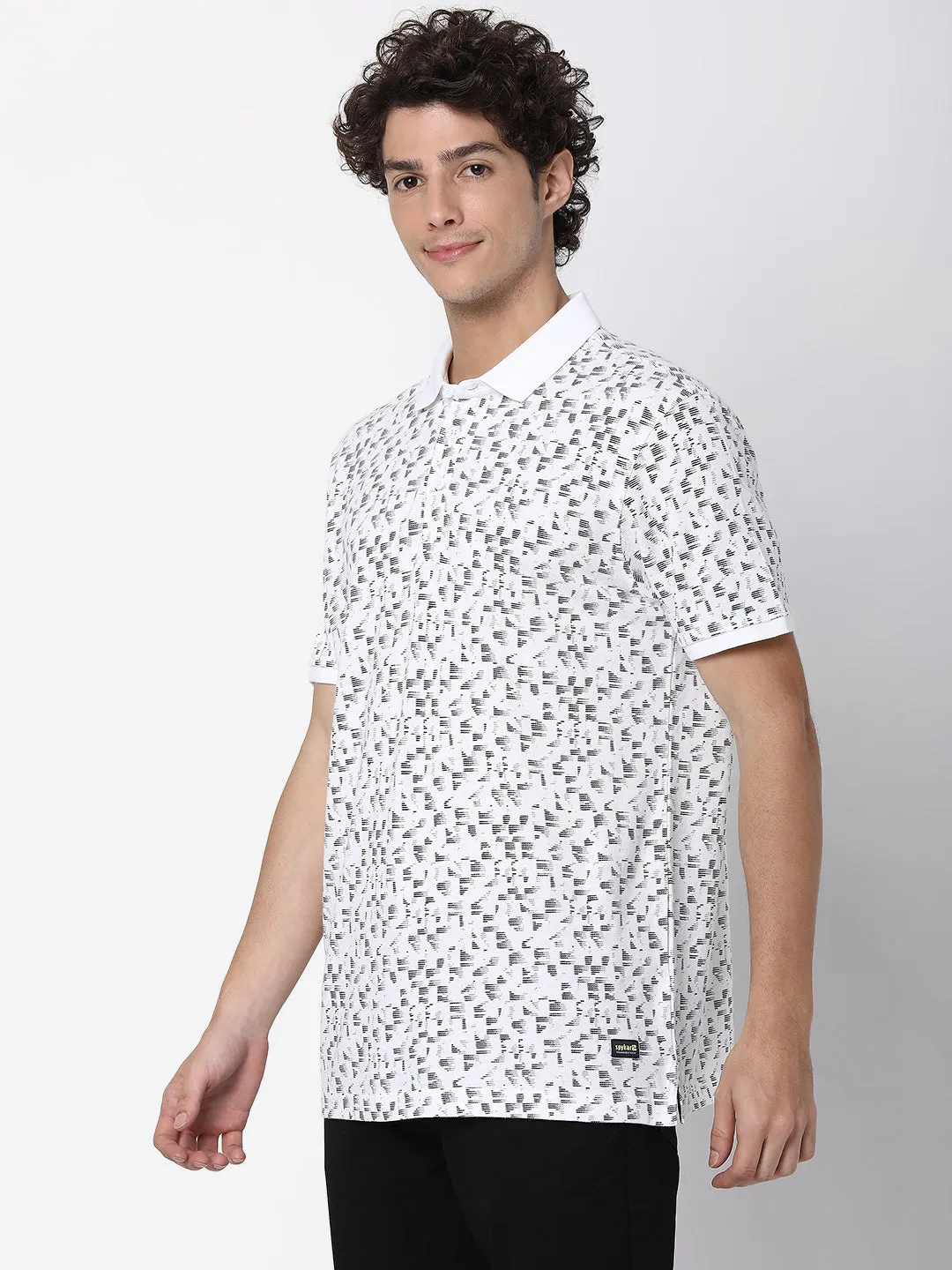 Spykar Men White Cotton Half Sleeve Printed Casual Polo Tshirt