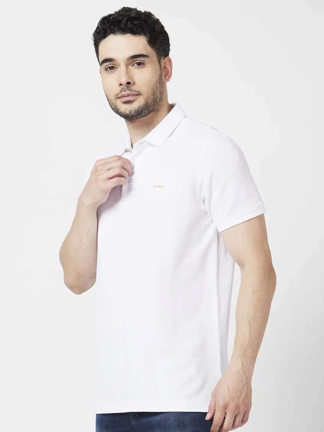 Spykar Men White Cotton Slim Fit Half Sleeve Polo Neck Plain Tshirt