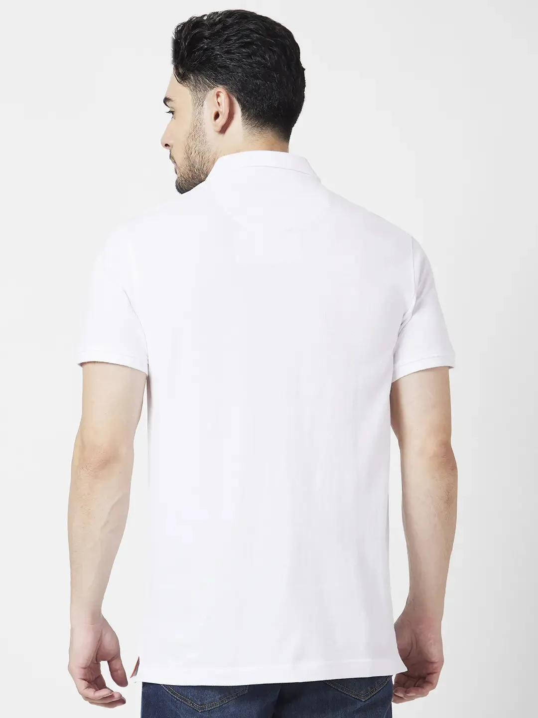 Spykar Men White Cotton Slim Fit Half Sleeve Polo Neck Plain Tshirt