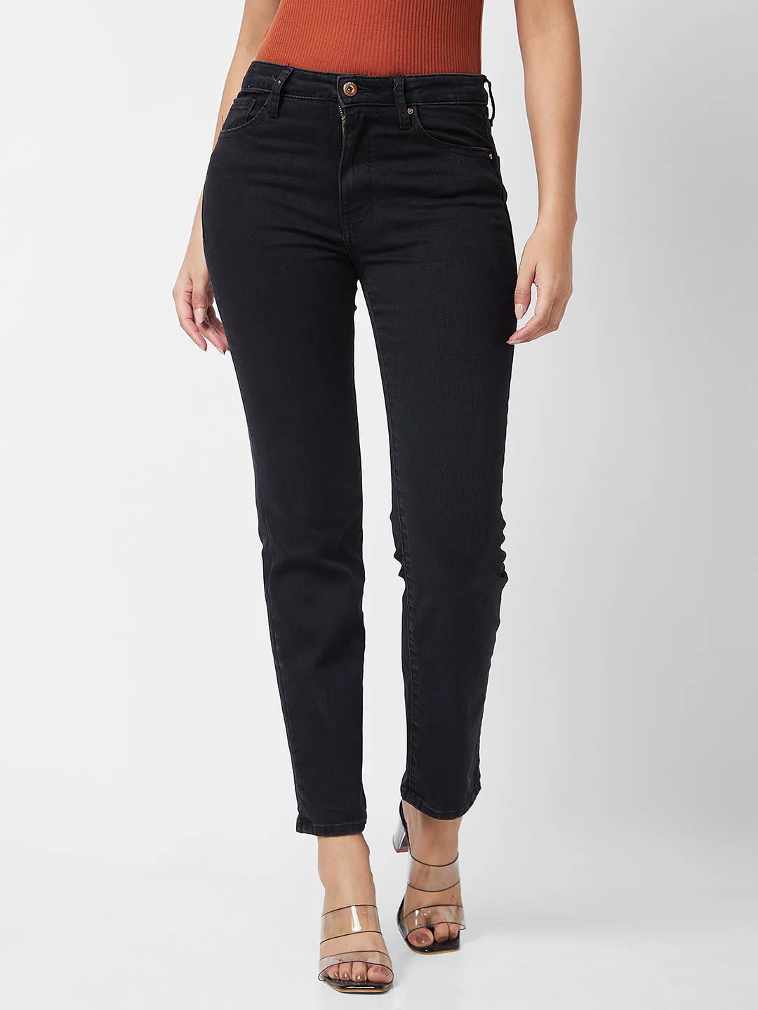 Spykar Mid Rise Slim Straight Fit Black Jeans For Women