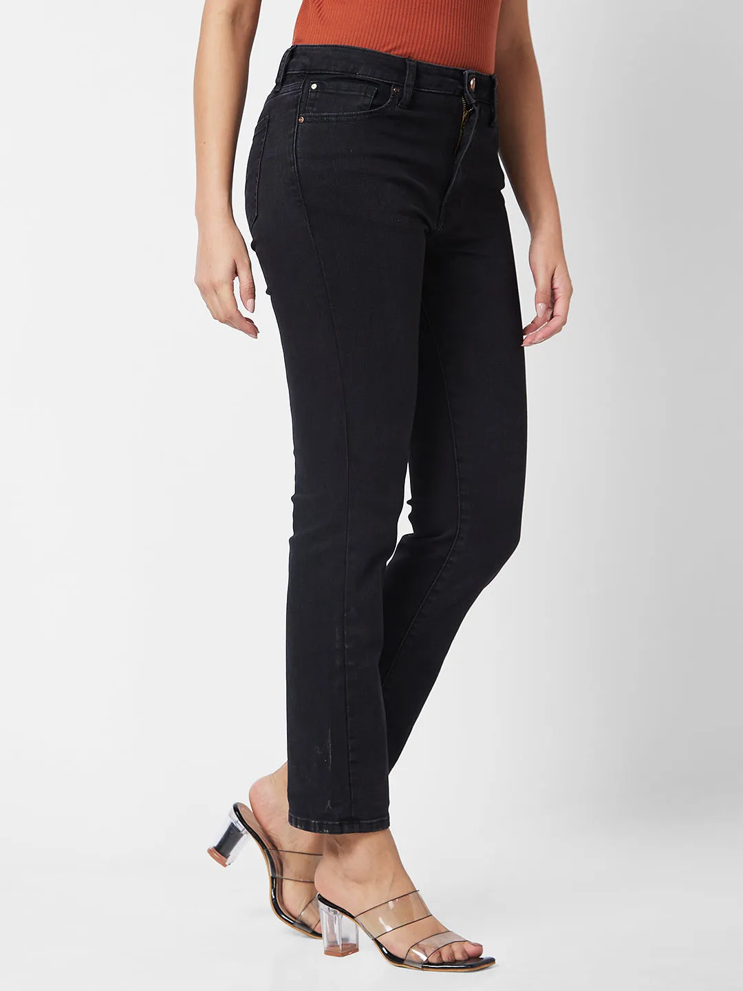 Spykar Mid Rise Slim Straight Fit Black Jeans For Women