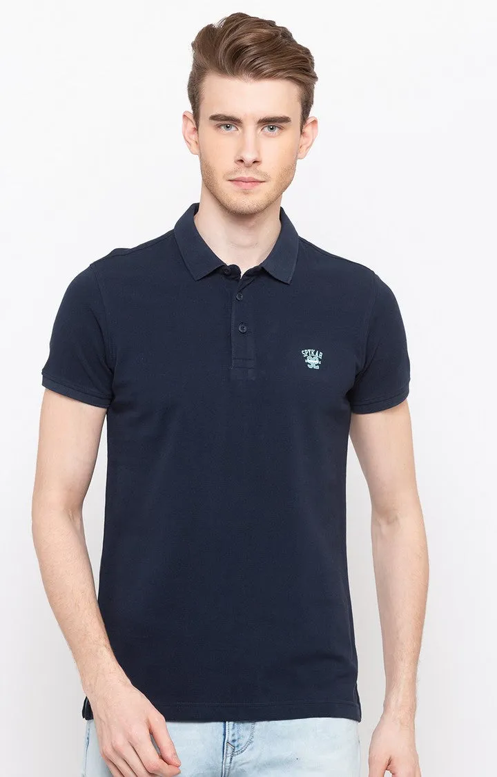 Spykar Navy Solid Slim Fit Polo T-Shirt