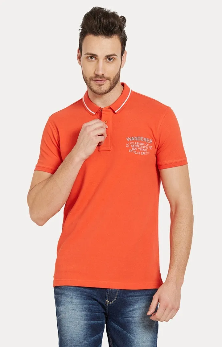 Spykar Orange Solid Slim Fit Polo T-Shirt