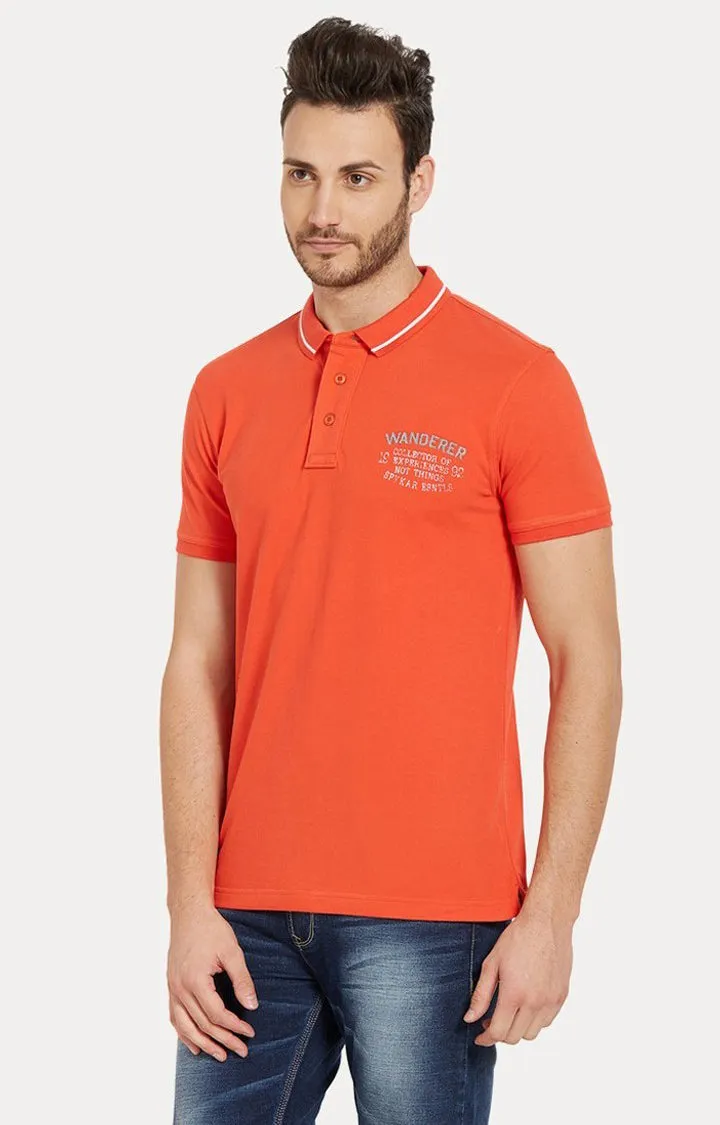 Spykar Orange Solid Slim Fit Polo T-Shirt