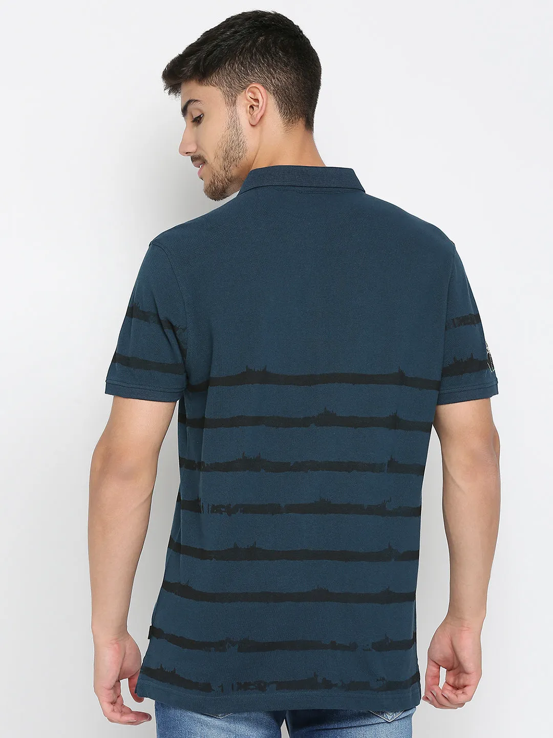 Spykar Teal Blue Cotton Half Sleeve Printed Polo T-Shirt For Men