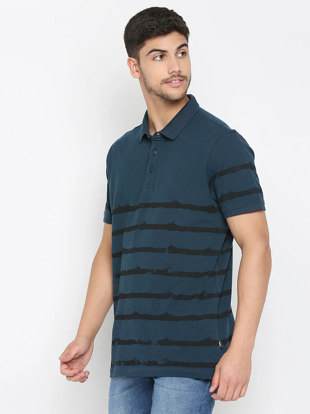 Spykar Teal Blue Cotton Half Sleeve Printed Polo T-Shirt For Men