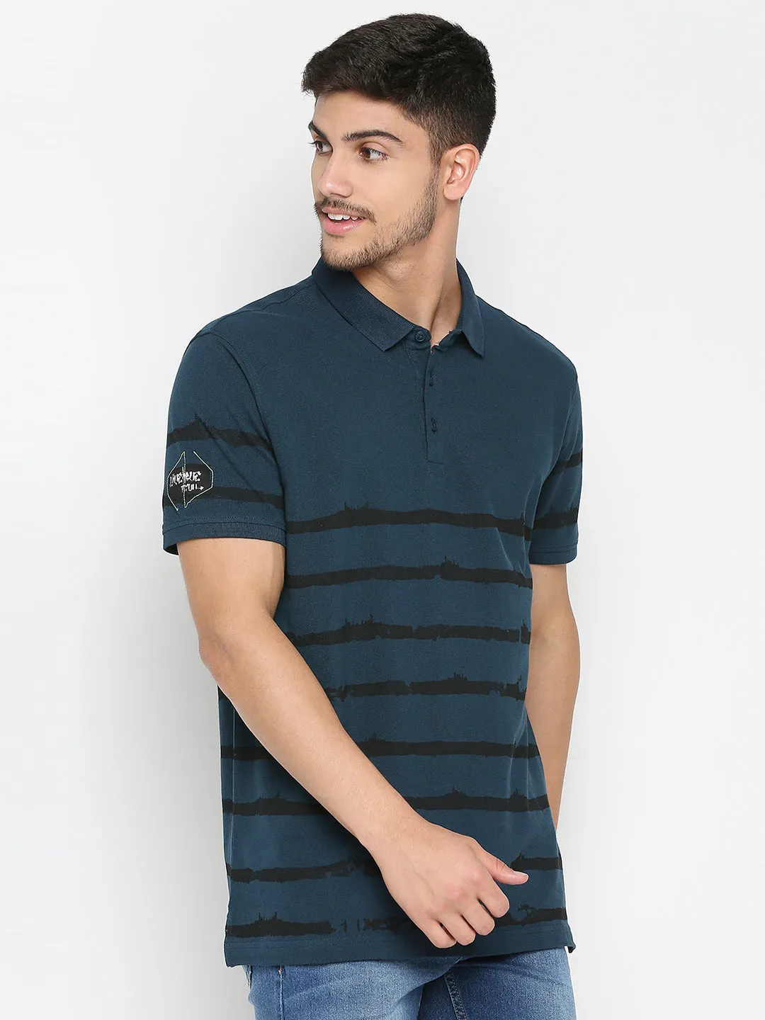 Spykar Teal Blue Cotton Half Sleeve Printed Polo T-Shirt For Men