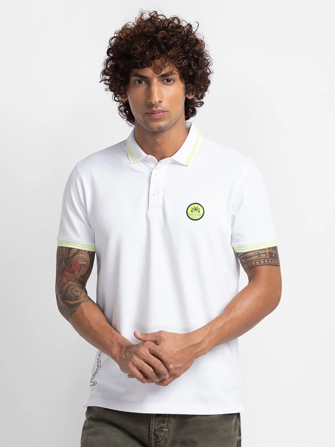 Spykar White Cotton Half Sleeve Plain Polo T-Shirt For Men