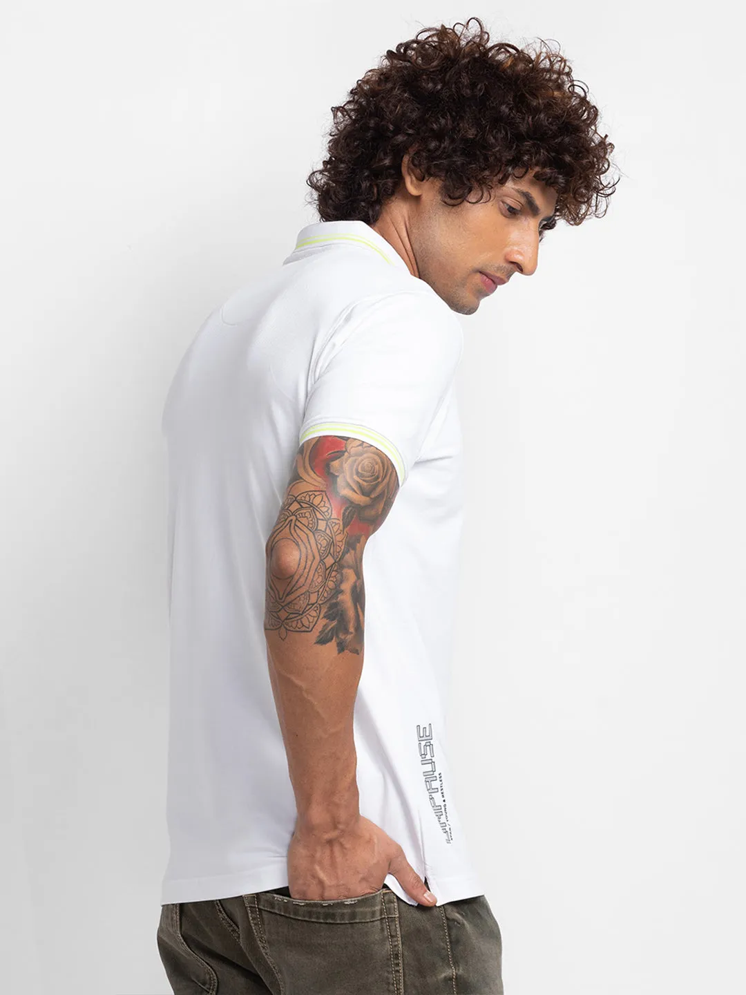 Spykar White Cotton Half Sleeve Plain Polo T-Shirt For Men