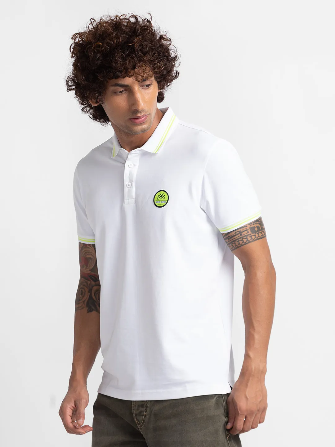 Spykar White Cotton Half Sleeve Plain Polo T-Shirt For Men