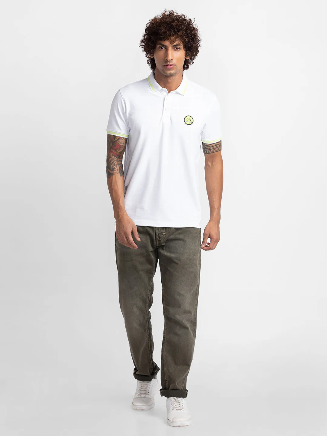 Spykar White Cotton Half Sleeve Plain Polo T-Shirt For Men