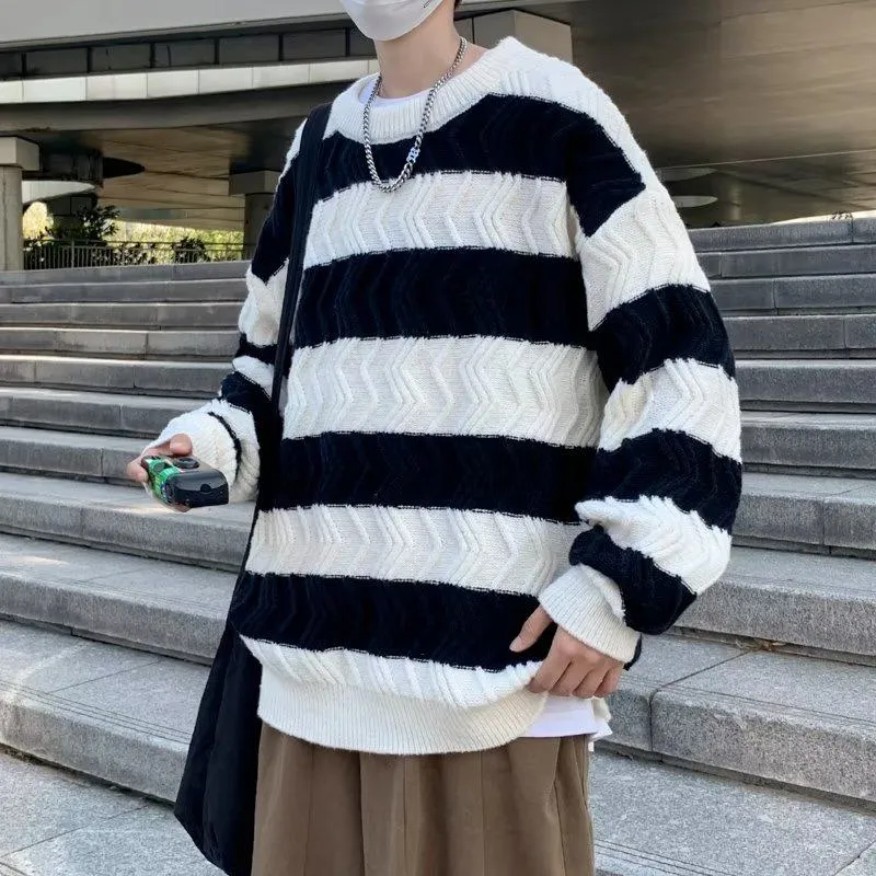 Stripe Knitted Round Neck Loose-Fit Lazy Sweater