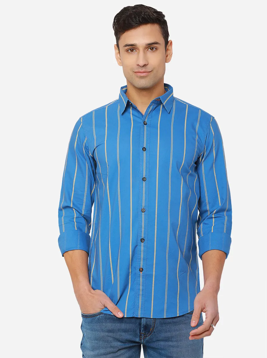 Turquoise Blue Striped Slim Fit Semi Casual Shirt | JadeBlue