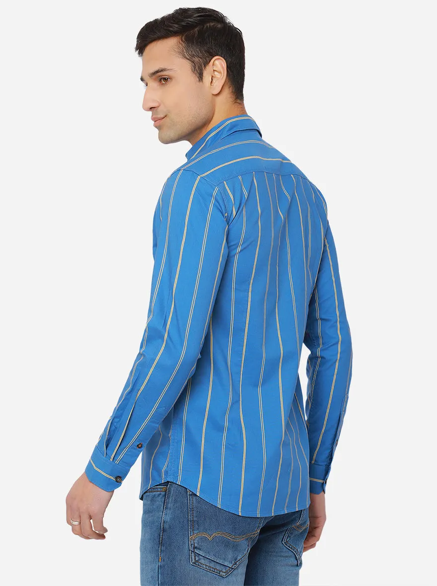 Turquoise Blue Striped Slim Fit Semi Casual Shirt | JadeBlue