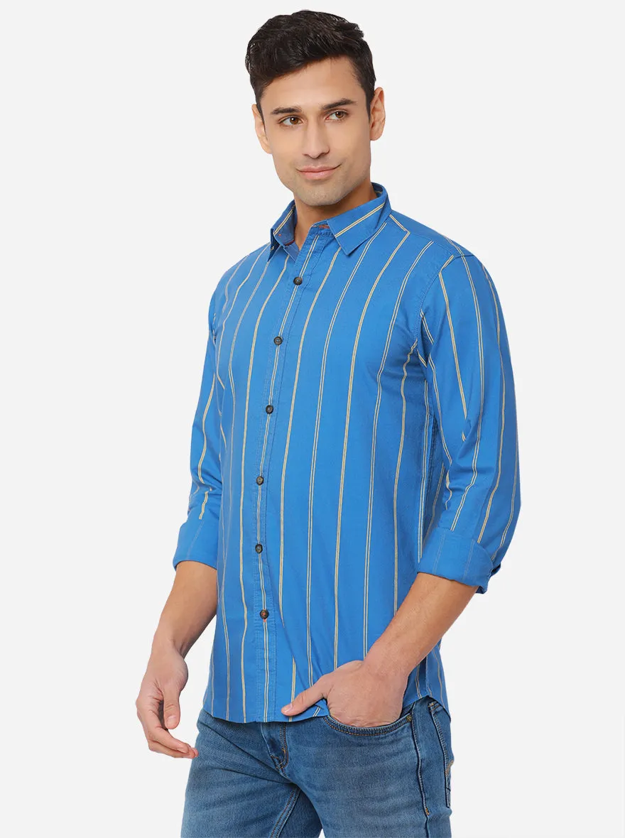 Turquoise Blue Striped Slim Fit Semi Casual Shirt | JadeBlue