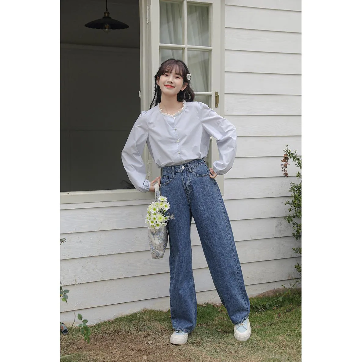 Versatile Wide-Leg Solid Color Simplicity Loose Fit Straight Leg High-Waisted Jeans