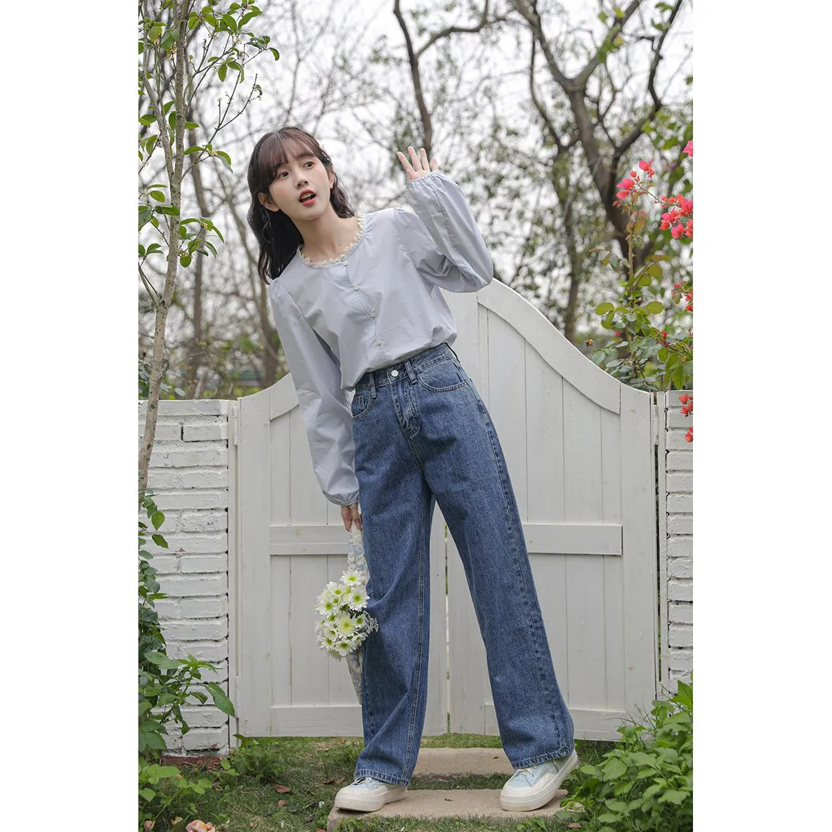 Versatile Wide-Leg Solid Color Simplicity Loose Fit Straight Leg High-Waisted Jeans