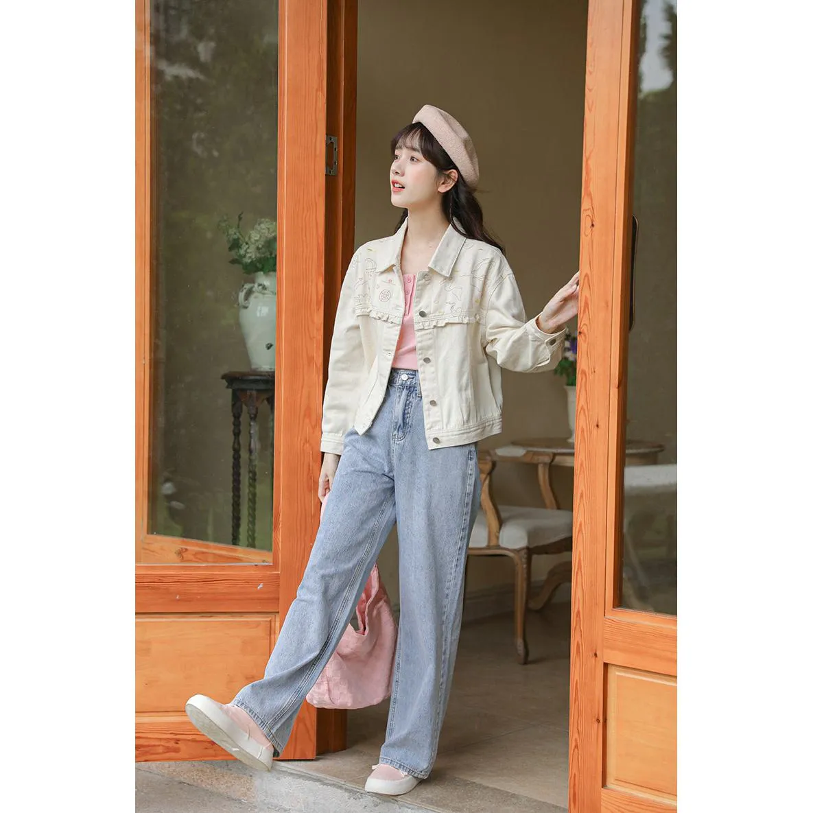 Versatile Wide-Leg Solid Color Simplicity Loose Fit Straight Leg High-Waisted Jeans