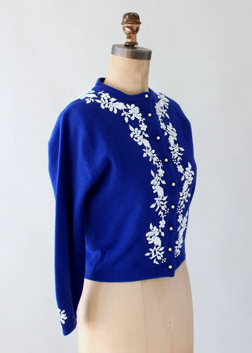 Vintage 1960s Blue and White Beaded Cardigan