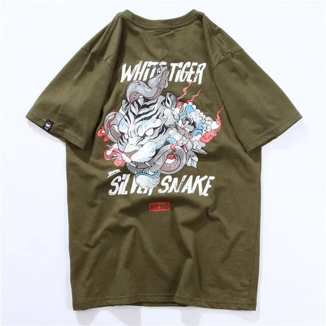 White Tiger & Snake Printed Hip Hop Streetwear Loose Tees