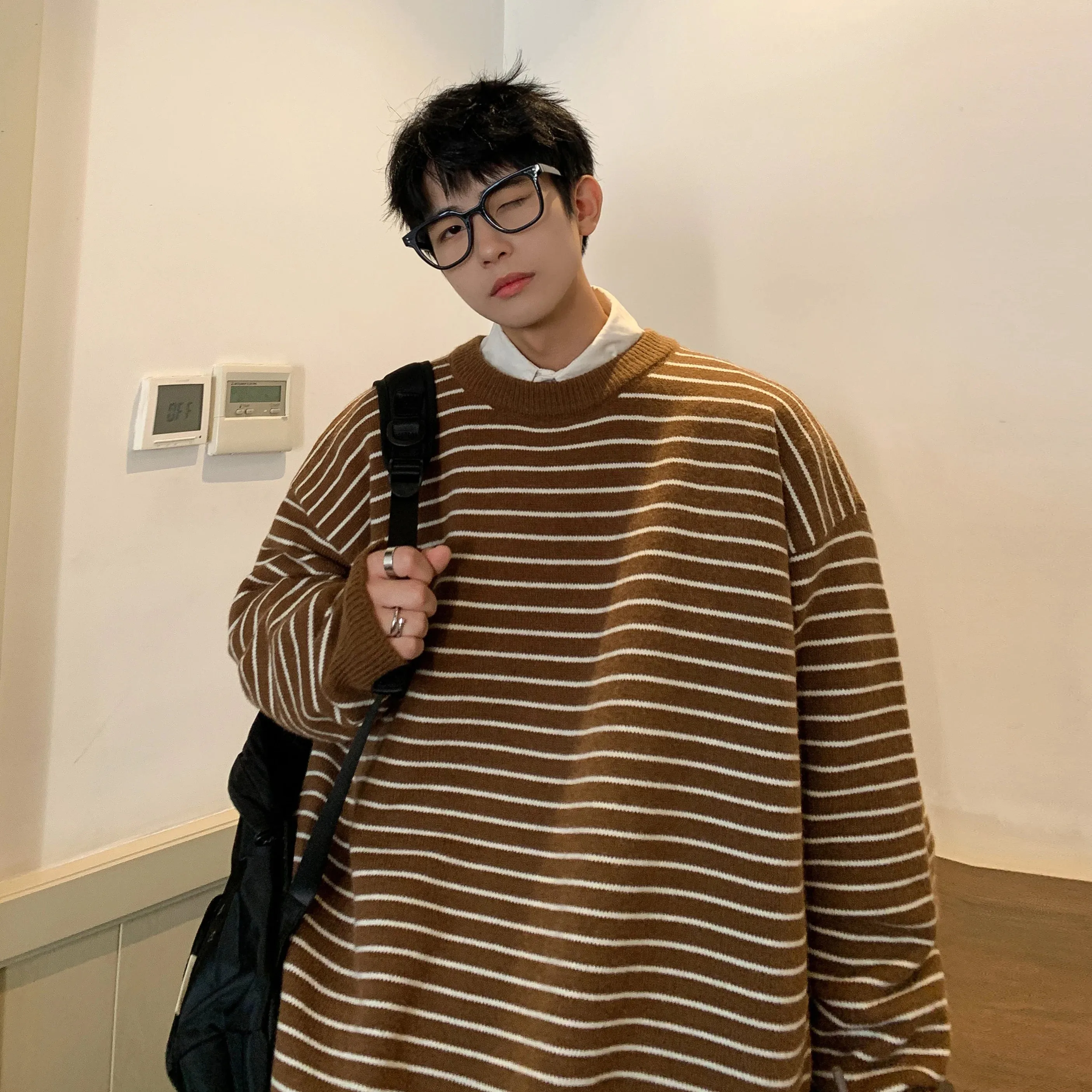 Wiaofellas  -  Men Striped Sweaters Men Autumn Oversized Fashion O-Neck Knitted Spliced Sweater  Male Casual Korean Pullovers M-5XL