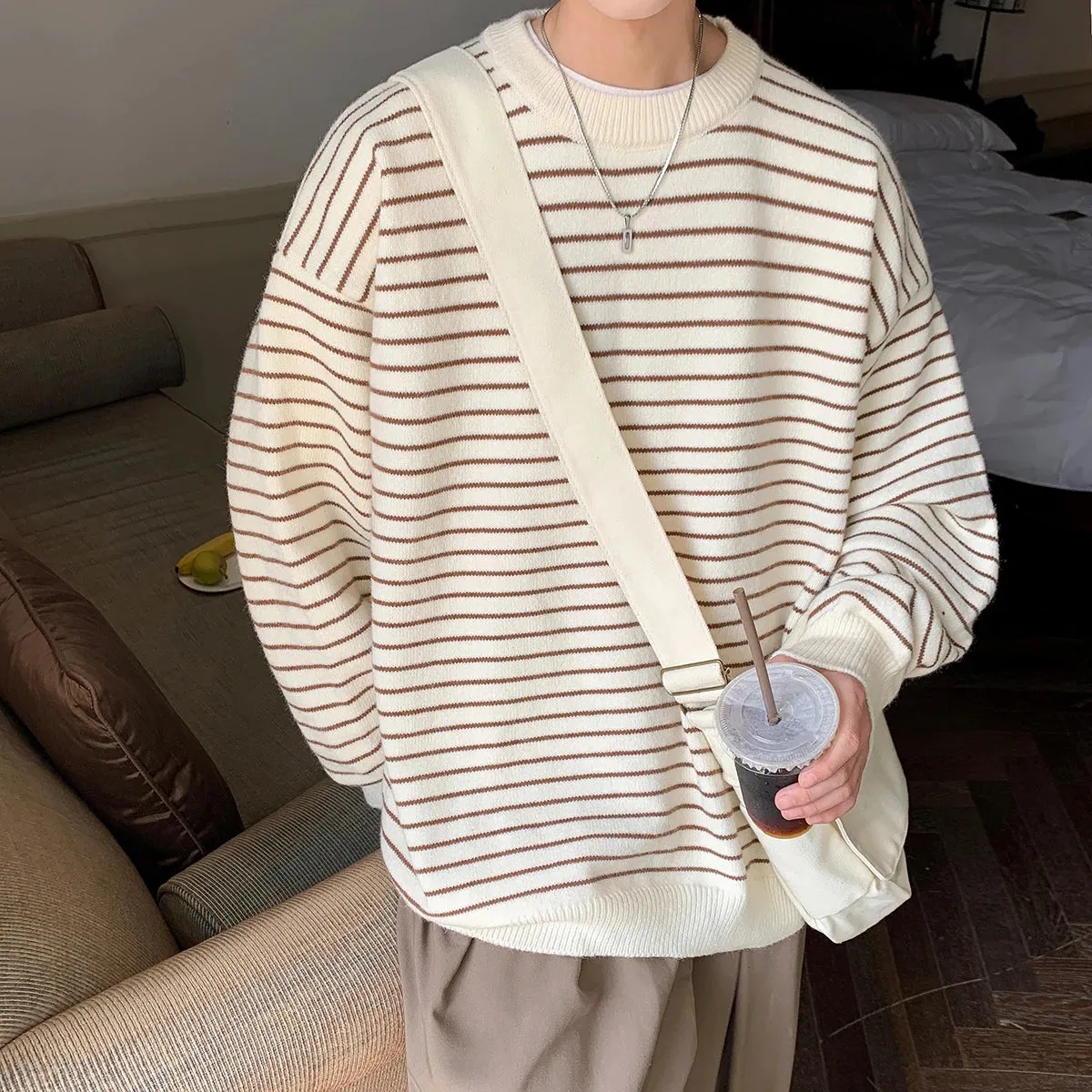 Wiaofellas  -  Men Striped Sweaters Men Autumn Oversized Fashion O-Neck Knitted Spliced Sweater  Male Casual Korean Pullovers M-5XL