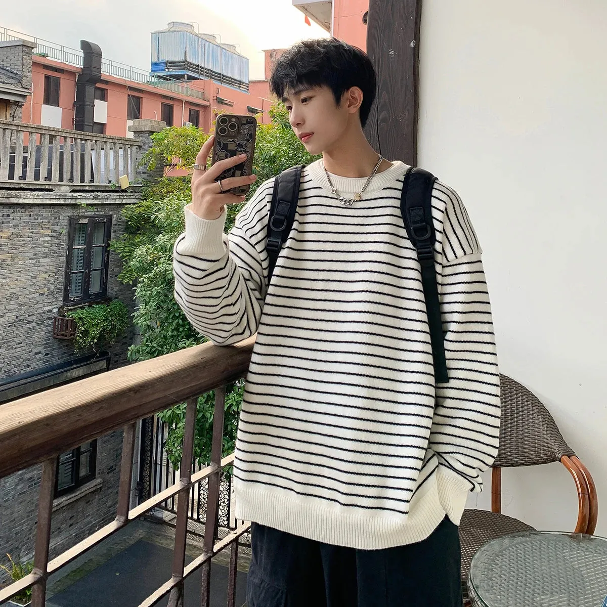 Wiaofellas  -  Men Striped Sweaters Men Autumn Oversized Fashion O-Neck Knitted Spliced Sweater  Male Casual Korean Pullovers M-5XL