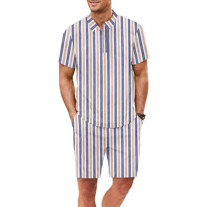 Wiaofellas  -  Summer Hawaiian Men Suit Vertical Stripe Polo Shirts And Shorts 2 Piece Sets Casual Sports Beach Short Sleeved Shirt Suits Male