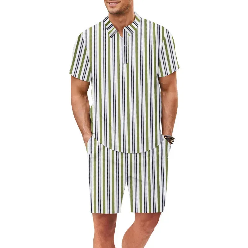 Wiaofellas  -  Summer Hawaiian Men Suit Vertical Stripe Polo Shirts And Shorts 2 Piece Sets Casual Sports Beach Short Sleeved Shirt Suits Male