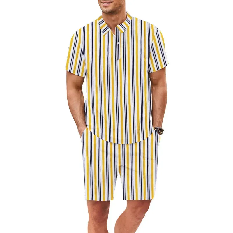 Wiaofellas  -  Summer Hawaiian Men Suit Vertical Stripe Polo Shirts And Shorts 2 Piece Sets Casual Sports Beach Short Sleeved Shirt Suits Male