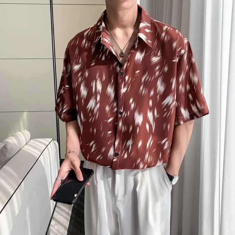 Wiaofellas  -  Summer Loose Print Shirt for Men Korean Fashion Hip Hop Thin Ice Silk Short Sleeve Beach Tops Shirts Male Streetwear Blouse