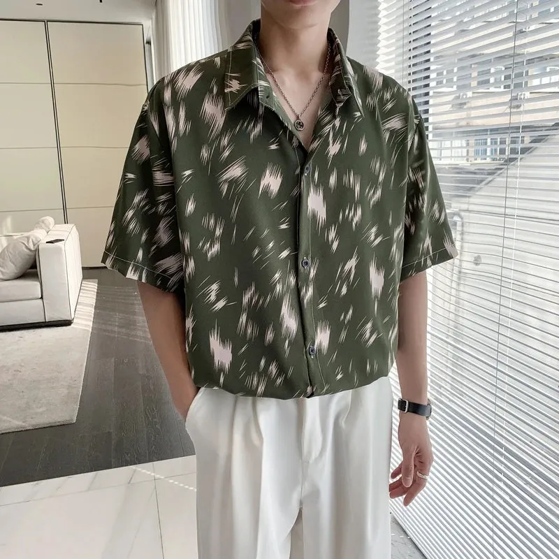 Wiaofellas  -  Summer Loose Print Shirt for Men Korean Fashion Hip Hop Thin Ice Silk Short Sleeve Beach Tops Shirts Male Streetwear Blouse