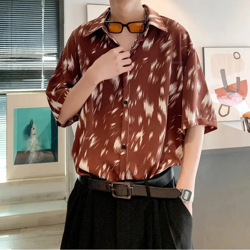 Wiaofellas  -  Summer Loose Print Shirt for Men Korean Fashion Hip Hop Thin Ice Silk Short Sleeve Beach Tops Shirts Male Streetwear Blouse