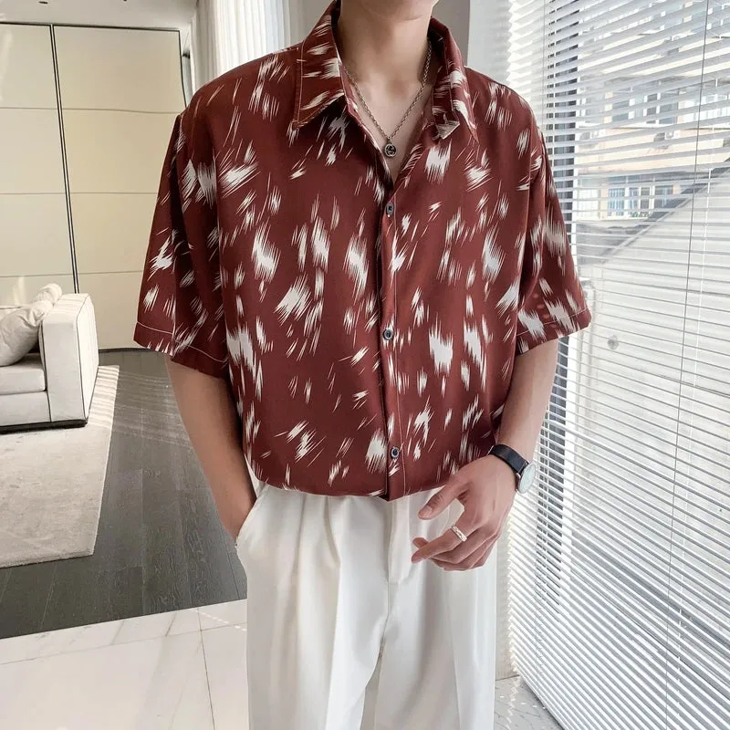 Wiaofellas  -  Summer Loose Print Shirt for Men Korean Fashion Hip Hop Thin Ice Silk Short Sleeve Beach Tops Shirts Male Streetwear Blouse