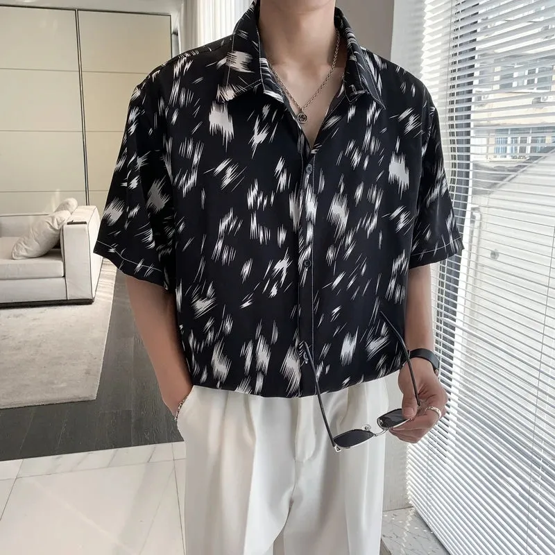 Wiaofellas  -  Summer Loose Print Shirt for Men Korean Fashion Hip Hop Thin Ice Silk Short Sleeve Beach Tops Shirts Male Streetwear Blouse